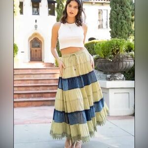 NWT Young Threads Bohemian
Patchwork Maxi Skirt - Sage and Blue with Lace, lined